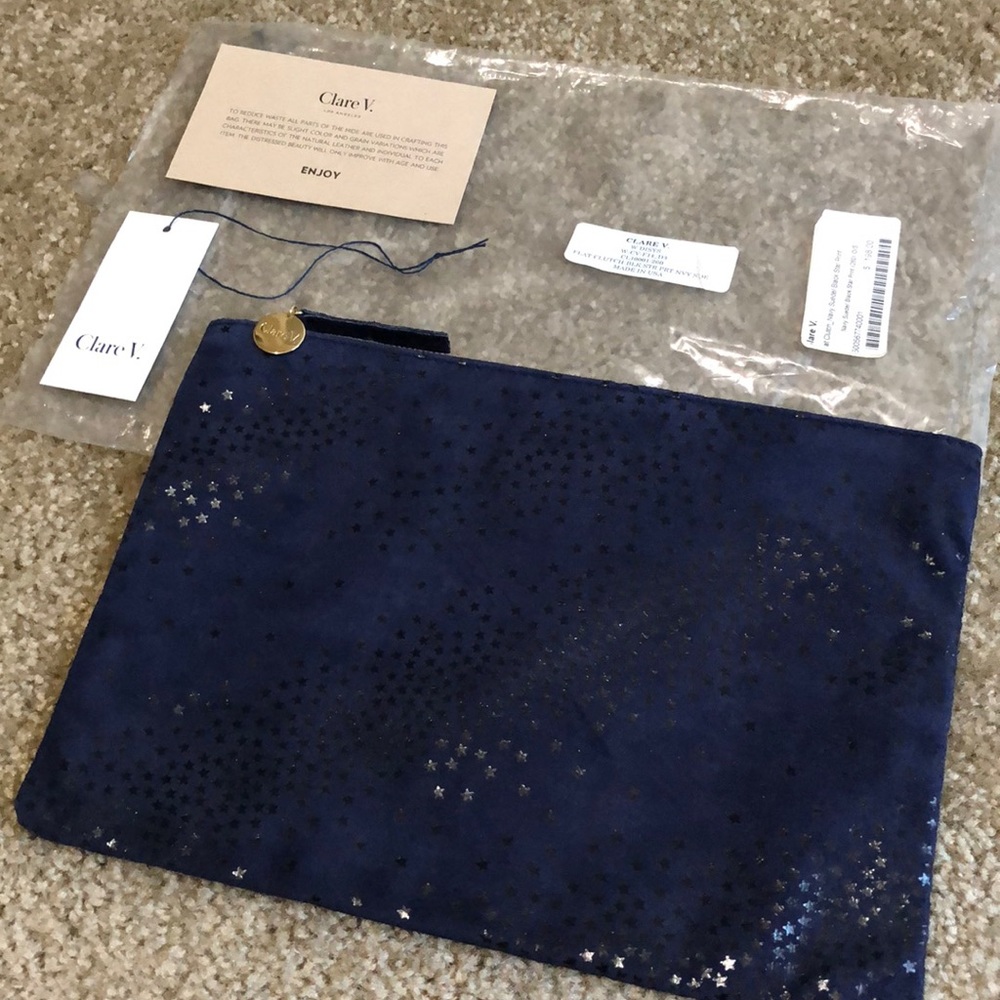 New Clare V. Leather Clutch Navy